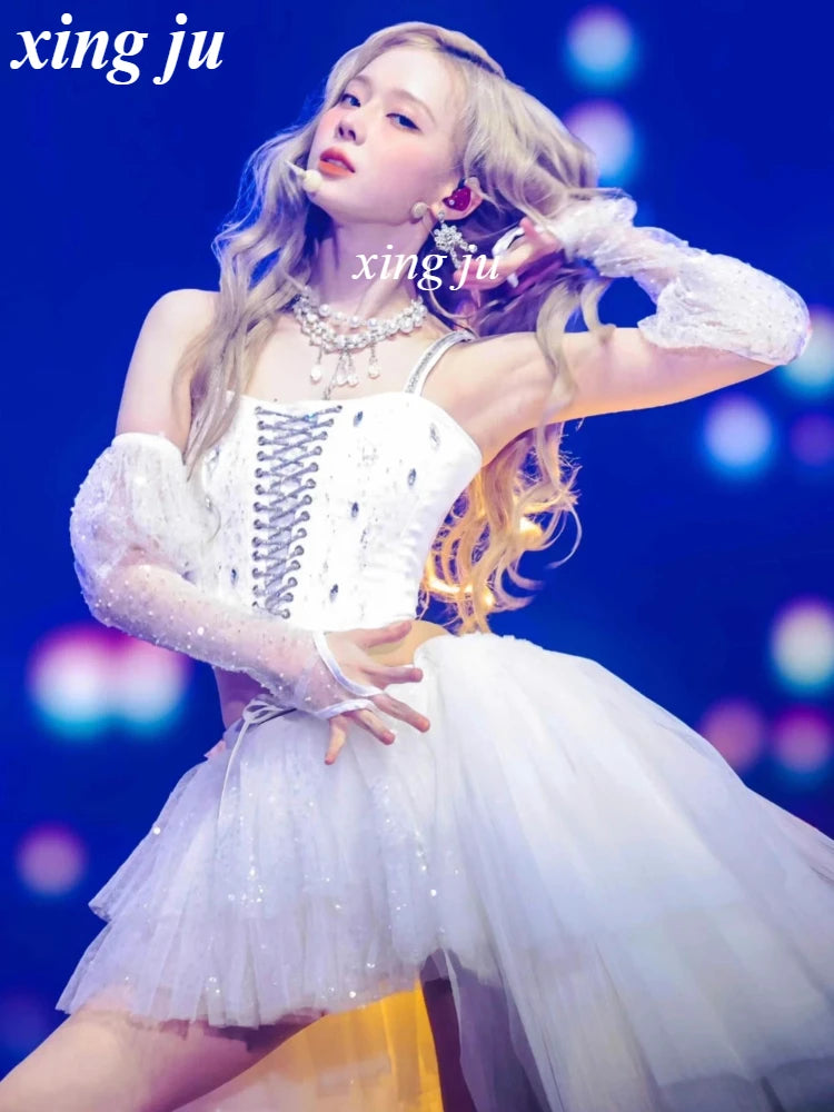 New Korean Women Group Jazz Dance White Lace-up Vest Sling Tops Sweet Princess Skirt Kpop DJ Dance Outfits Singer Stage Costume