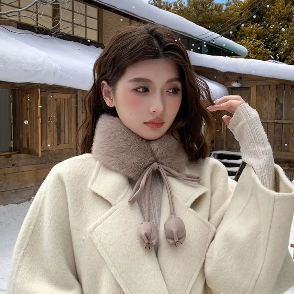 Sweet Rabbit Fur Earmuffs Multi Functional Headband Warm Scarf Tulip Flower Tether Neckerchief Fur Neck Warmer Daily Use