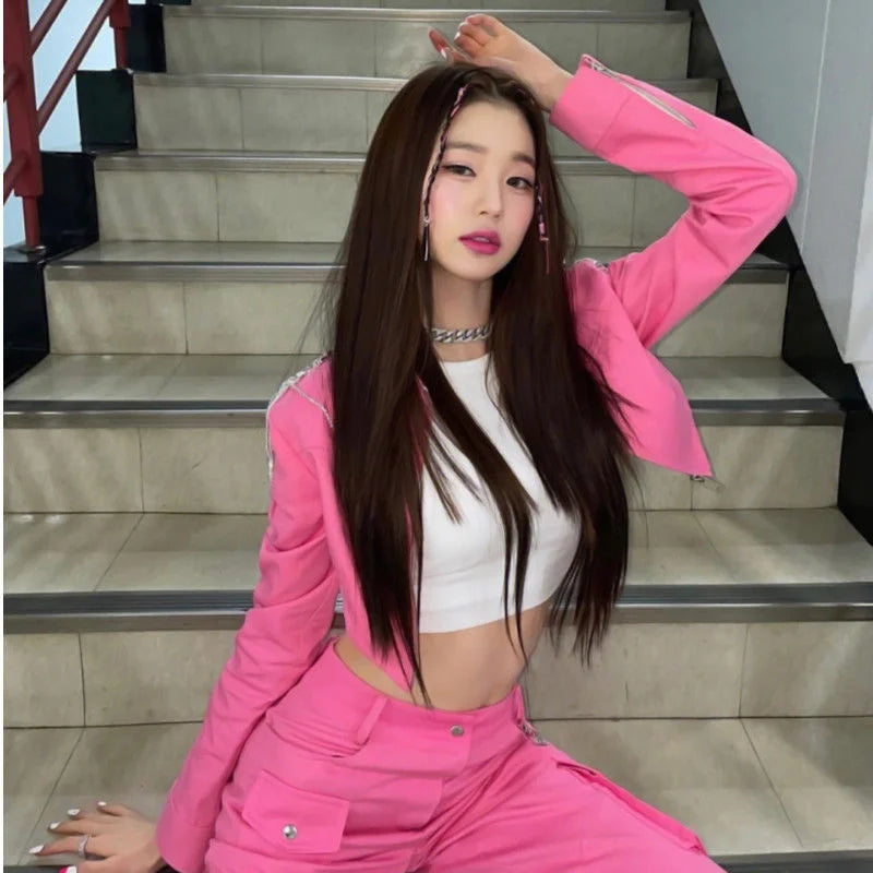 New Kpop Women Stage Sexy Crop Tops Cargo Pants Performance Costume Concert Hip Hop White Vest Pink Jacket Jazz Dancer Outfits