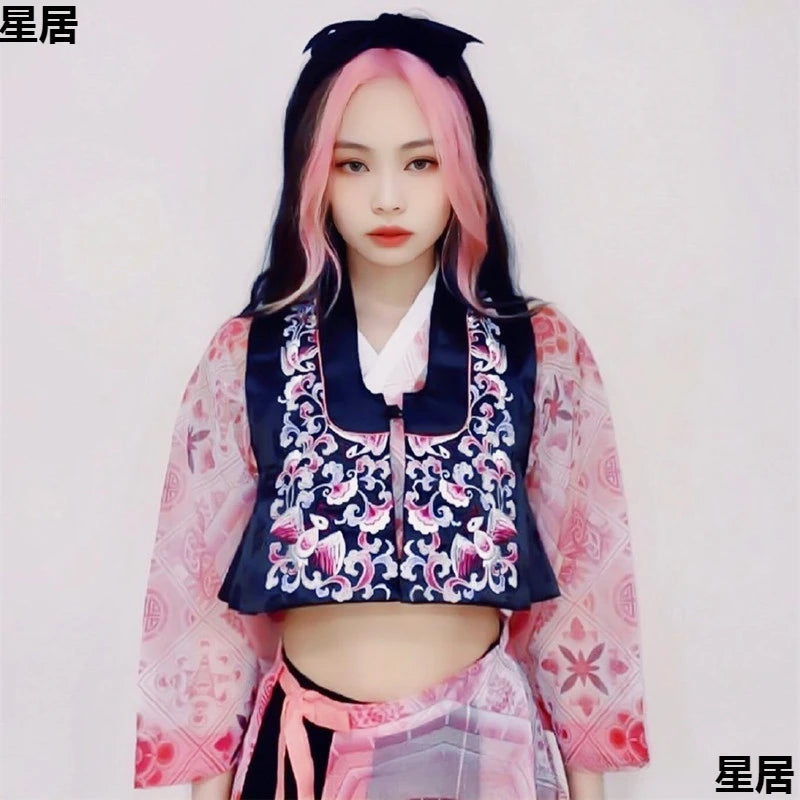 Kpop Jennie  Singers Jazz Dance Women Pink Concert Outfit Jazz Dancewear Festival Stage Costume Nightclub Hot Girl Rave Clothing