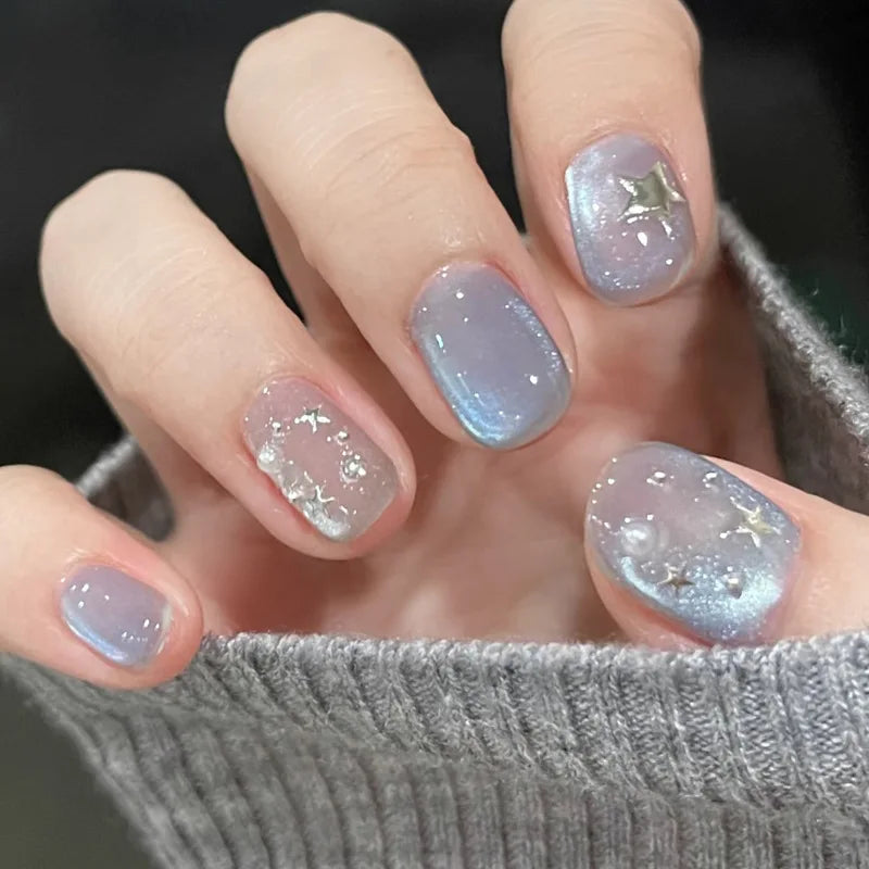 24pcs Cute Girly Short Square False Nails Sweet White French Nail Glitter Star Rhinestones Nail Art Cat Eye Bow Press On Nails