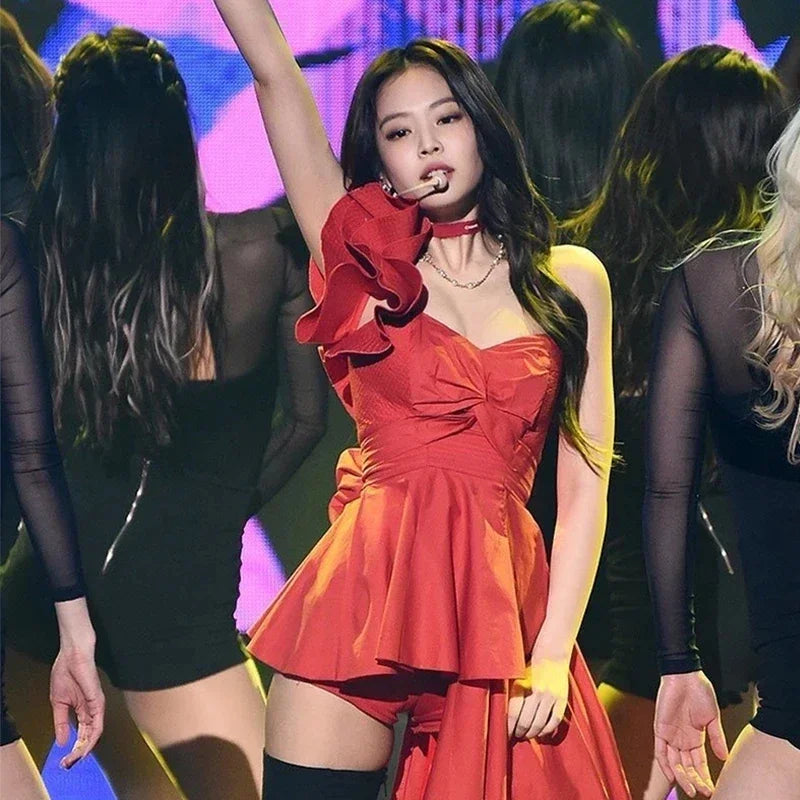 K-pop Jennie Stage Outfit Women Red Dress Concert Outfits Festival Women Clothing Secy Performance Costume Dropshipping