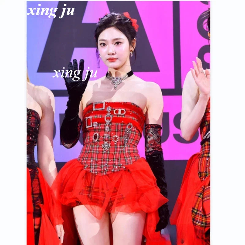 2025 Summer Korean Singer Party Dance Clothing Hip Hop Red Mesh Plaid Long Dress Nightclub DJ Sexy Festival Stage Rave Outfits