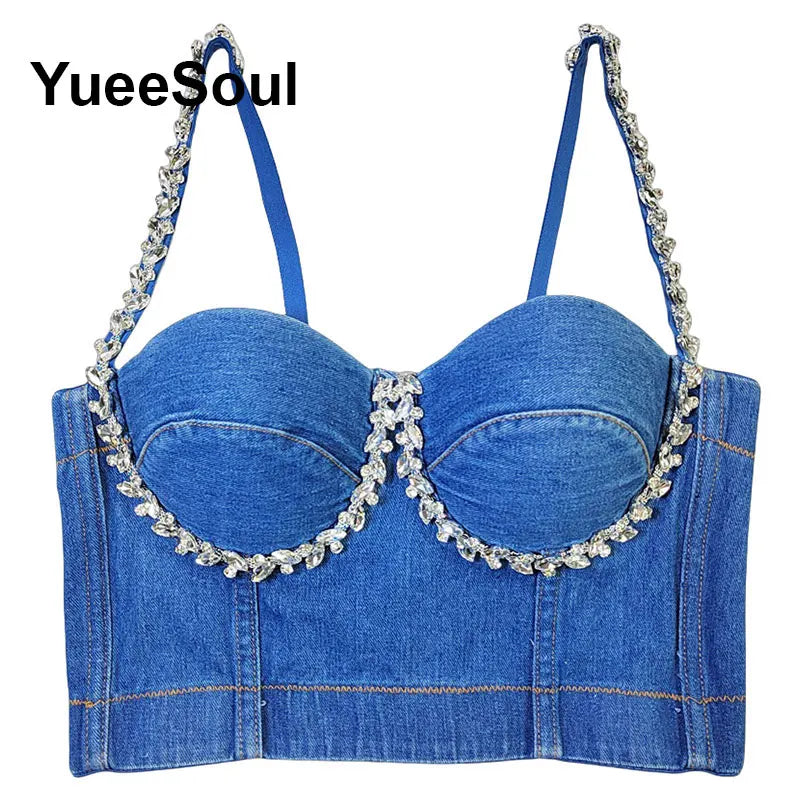 Denim Crop Tops Pearl Tassel Diamond Flower Blue Sleeveless Sexy Corset 2000s 2026 Summer New Y2K Party Evening Woman Clothes