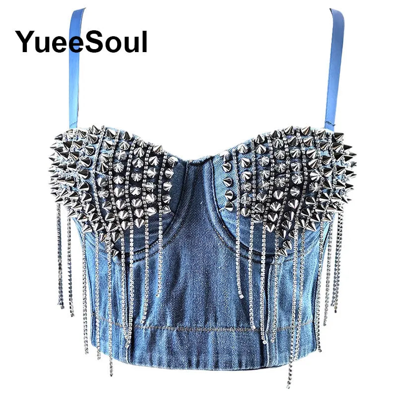 Denim Crop Tops Pearl Tassel Diamond Flower Blue Sleeveless Sexy Corset 2000s 2026 Summer New Y2K Party Evening Woman Clothes