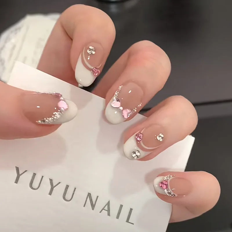 White & Pink Heart Press-On Nails
