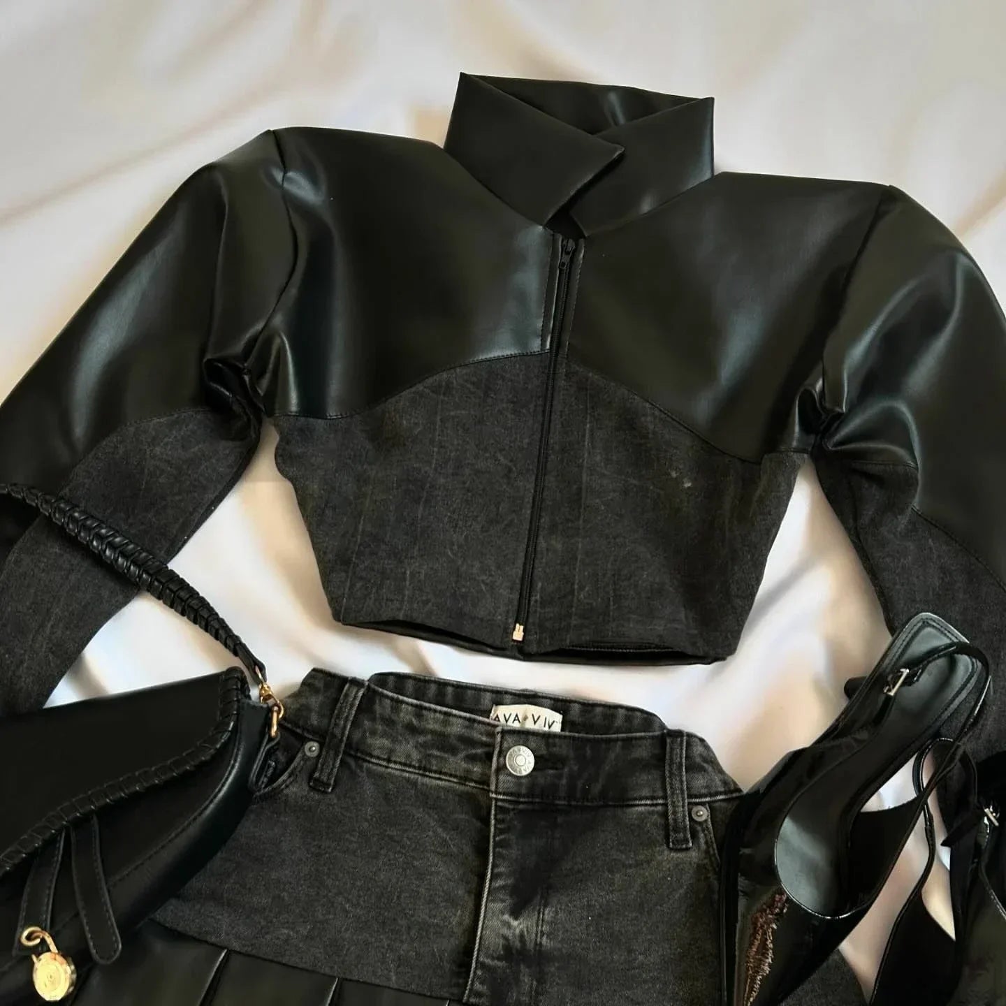 Y2K Black Leather Spliced Piece Set Denim Two Women Harajuku Zipper Long Sexy Sleeved Jacket Pleated Skirt Motorcycle Suit
