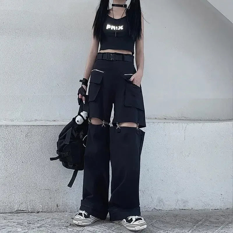 New Fashion Black Pants Women 2025 Detachable Casual Korean Cargo Wide Leg Pant Woman