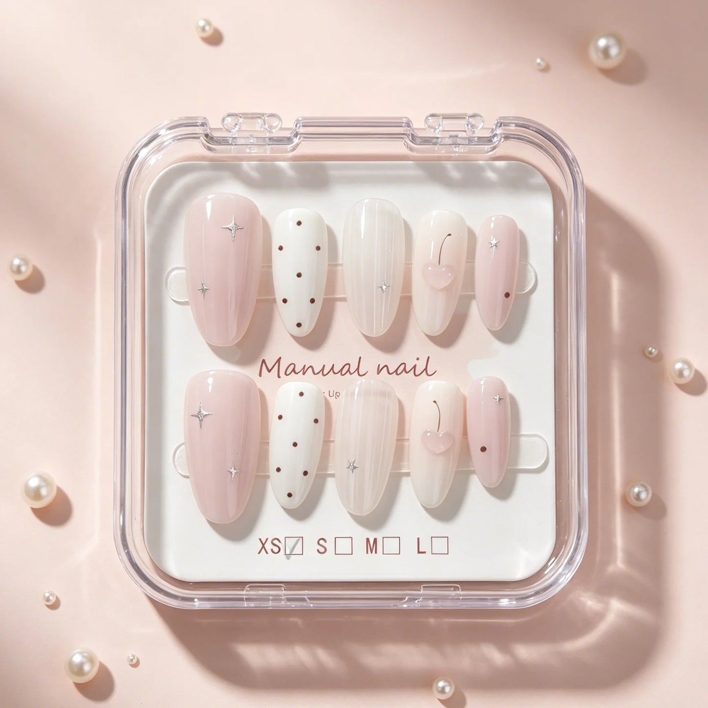 10 Pieces of Hand Pressed Almond Shaped Nails, Beautiful Fake Nails, Nude Pink Vertical Ripple Cherry Dots, Suitable for Women