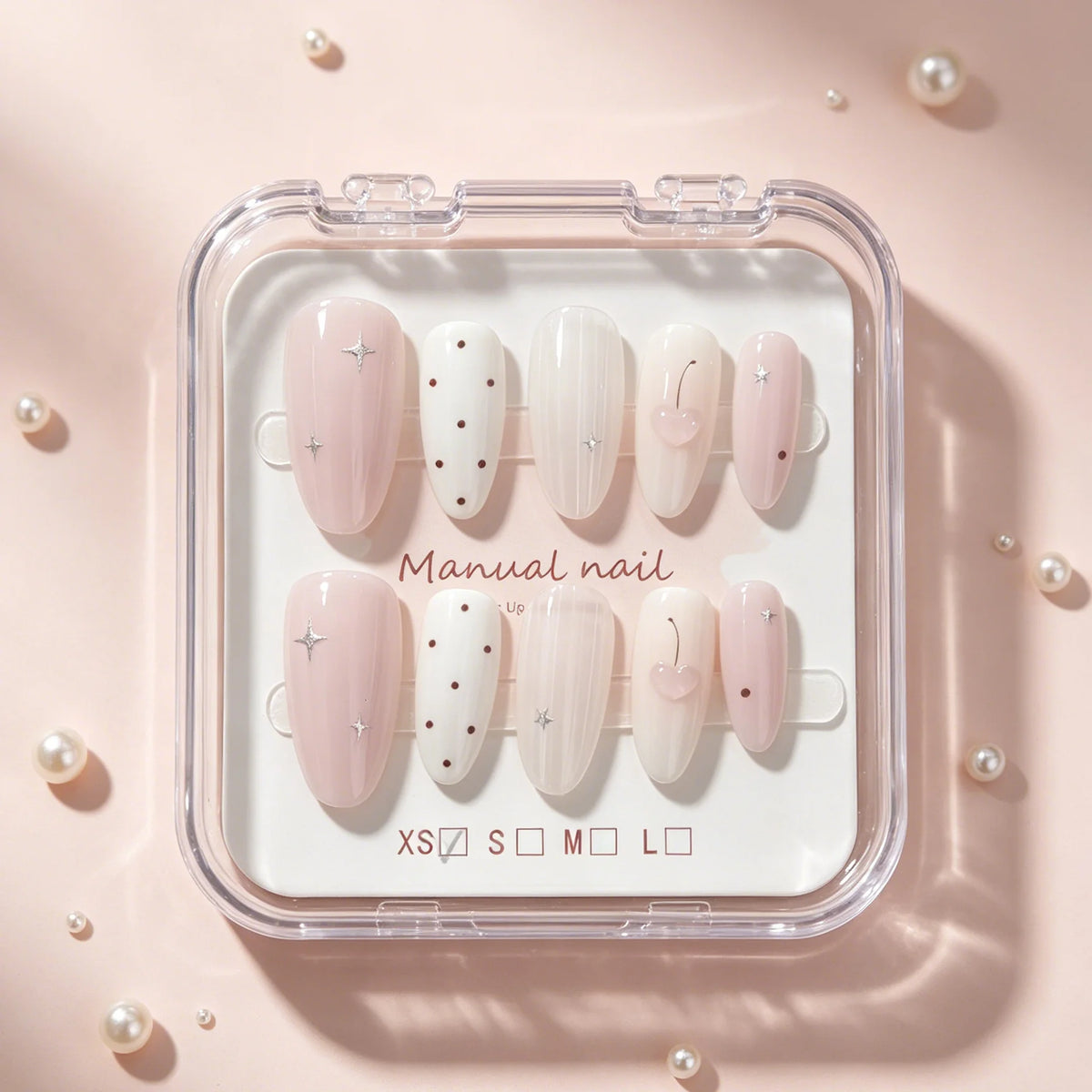 Handmade Almond Nude-Pink Ripple Cherry Dot Press-On Nails