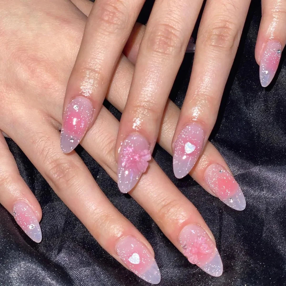 24Pcs Almond Press-On Nails in Pink Cat Eye with Heart & Strawberry Designs – Glossy Acrylic Stick-On Nails for Women & Girls