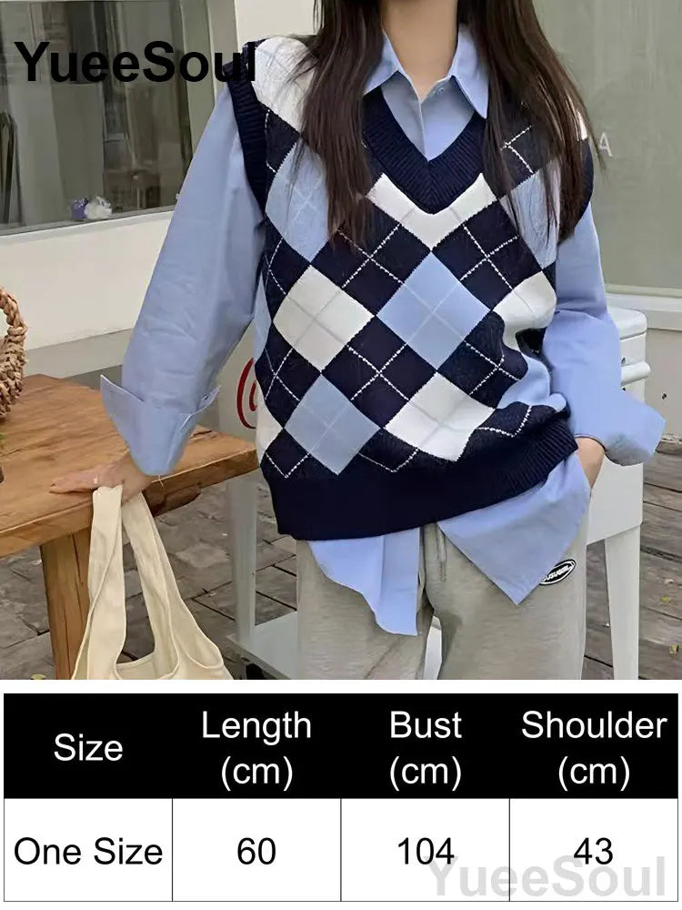 Blue Argyle Women's Vest Plaid Sleeveless Pullover Loose Knitted Sweater Vest 2026 New Autumn Y2K Casual Oversized Waistcoat