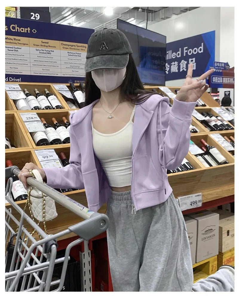 Hooded Korean Fashion Cropped Sweatshirts Autumn Solid Color Hoodie Drawstring Pockets Loose Zipper Hoodies Female Sweatshirt