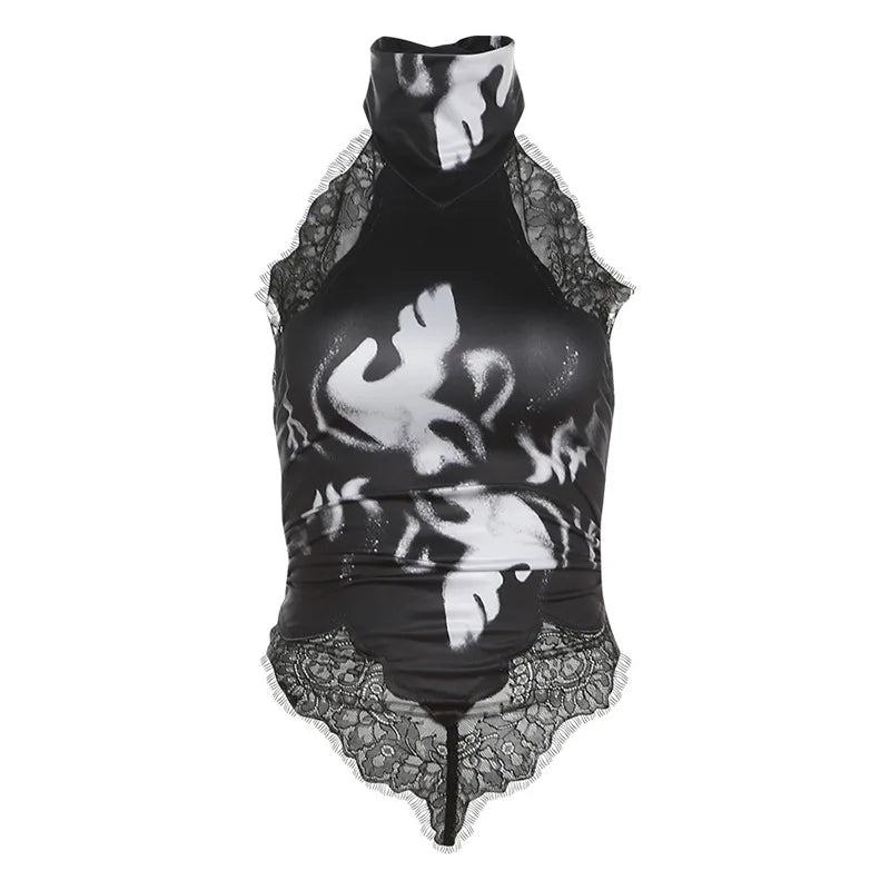 Summer 2026 Women's Sexy Spicy Girl Printed Lace Edge Tank Top Y2K Punk Style Tight Fit Dark Color Trendy Top for Women