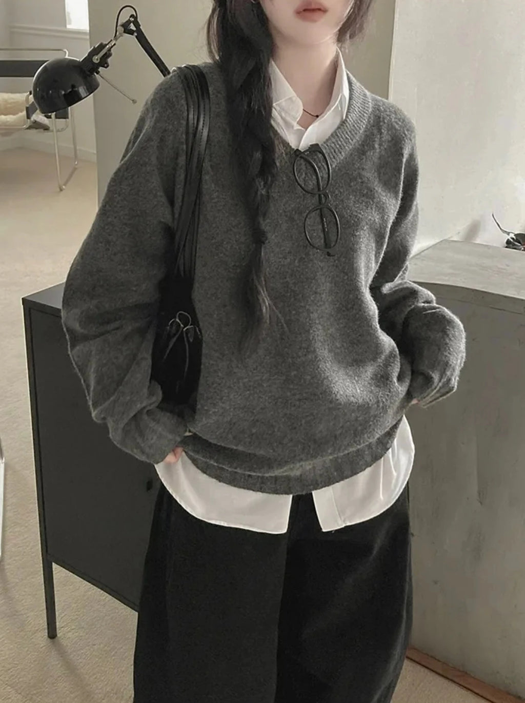 Korean Retro V-Neck Long Sleeve Knitted Sweater | Inspired by Wonyoung