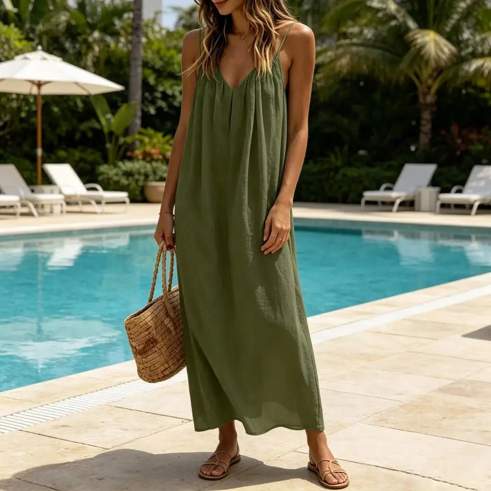 Women's Spaghetti Strap Beach Sundress, Summer Sleeveless V Neck Cami Dress, Loose Flowy Vacation Long Dress Plain Maxi Sundress