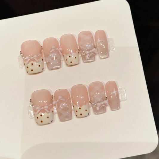10Pcs Sweet Mid-length Ballet False Nails Art Fashion Pink Cat Eye Lovely Bow Wearable Finished Nails Set Summer Acrylic Nails