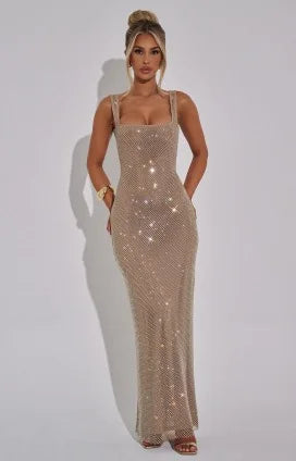Elegant Square Collar Mesh Hollow Out Sequin Glitter Dresses Solid Suspender High Quality Shiny Long Dress Women Party Vestidos