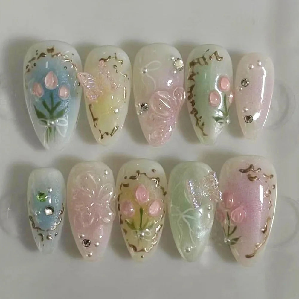 24Pcs Mid-length Gilded Almond Nails Set Press on 3D Flower Gradient Pink Full Cover False Nails Tips Pearl Reusable Fake Nails