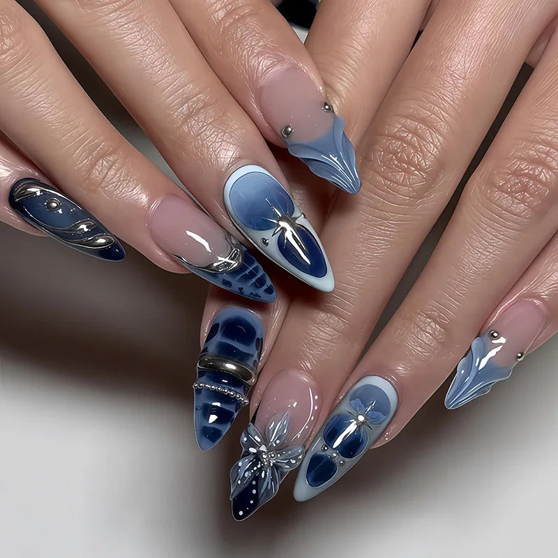 Almond 3D Flower Gradient Pearl Press-On Nails