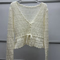 Hollow Knit Drawstring Waist Scallop Edge Cropped Cardigan | Inspired by Wonyoung