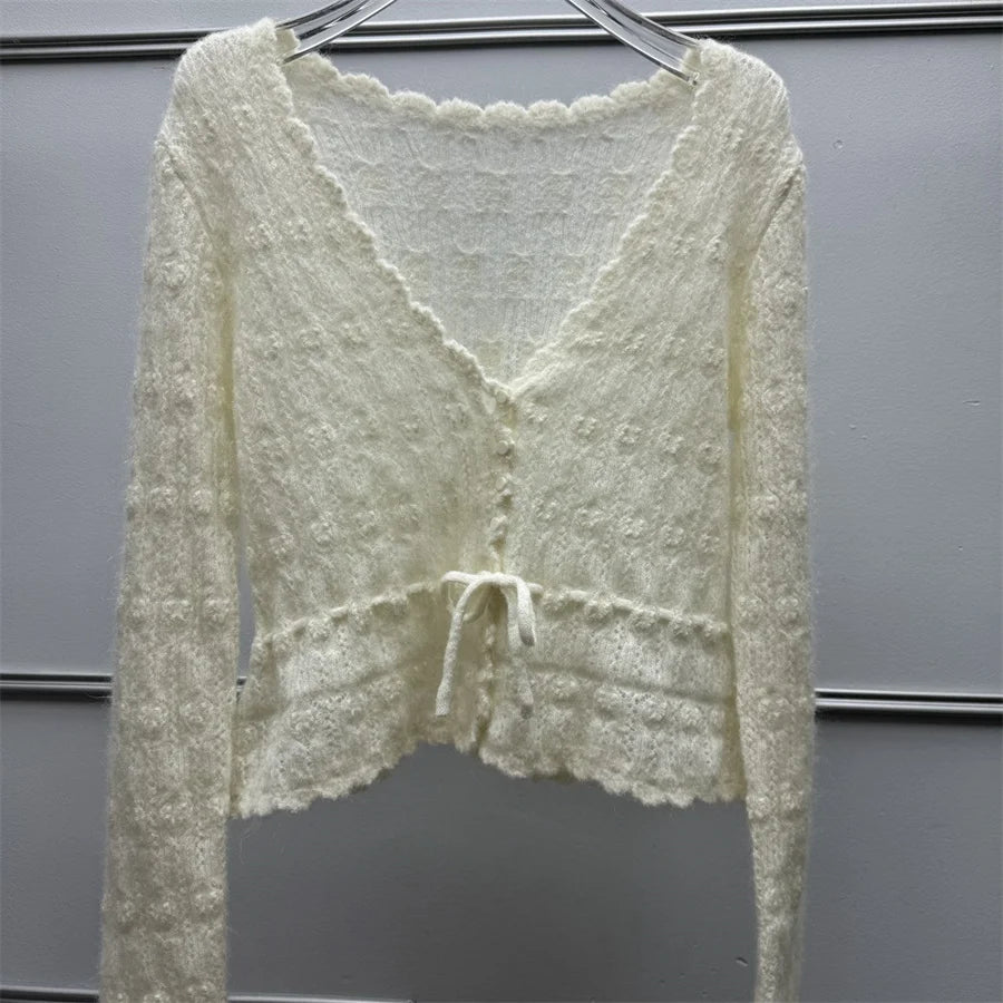 Autumn Women's Hollow Knit Cardigan Drawstring Waist Scallop Edge Cropped Sweater Coat Sweet Casual Outwear