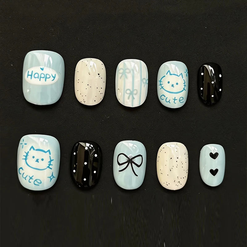 10Pcs Korean Style Cute Bow Polka Dot Print Press on Nails Fake Nails Full Cover Nail Tips Reusable Fake Nail Art Patch Stickers