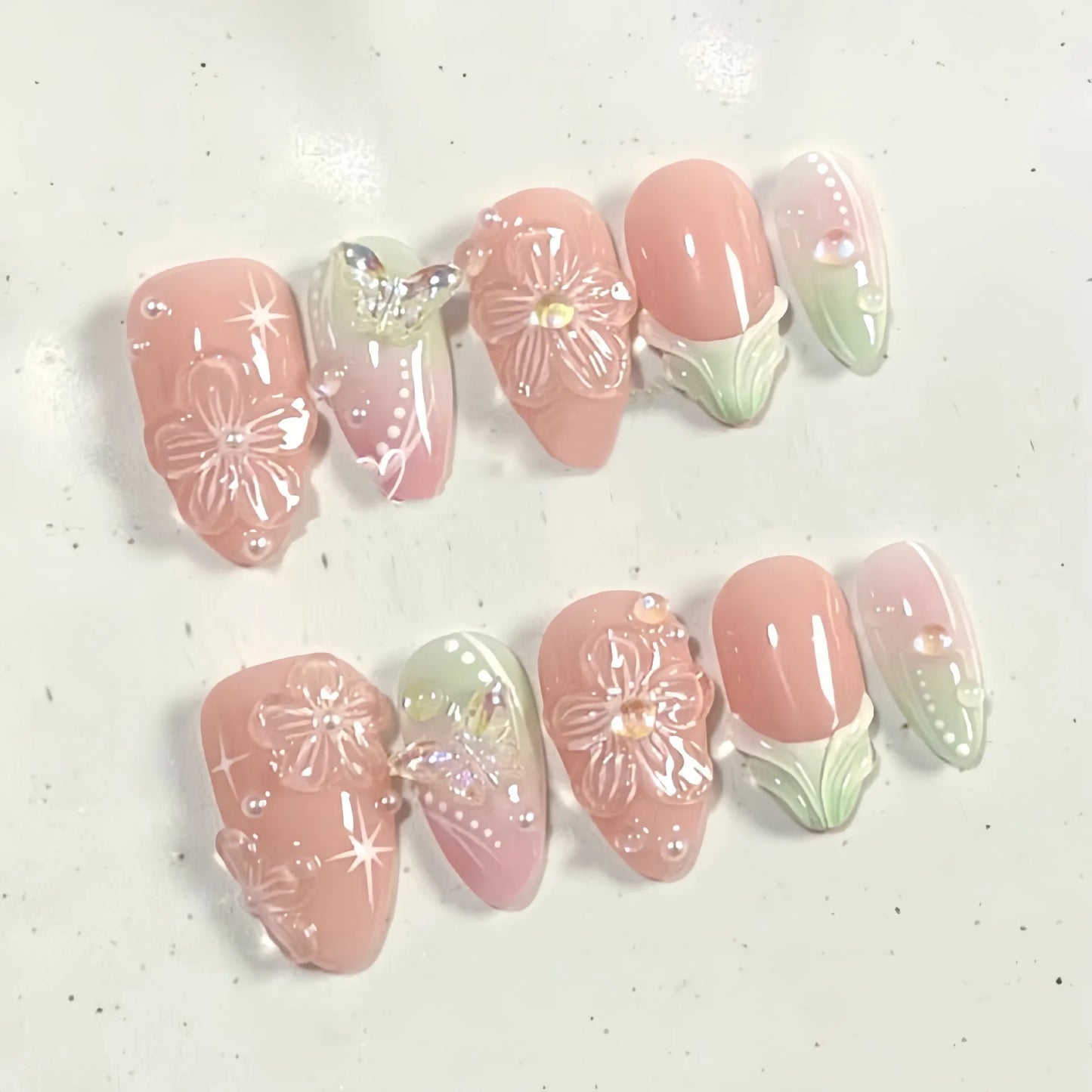 24PCS Sweet Purple Gradient French False Nails with Glue 3D Flowers Butterfly Ripples Almond Press on Nails Aurora Nails Patches
