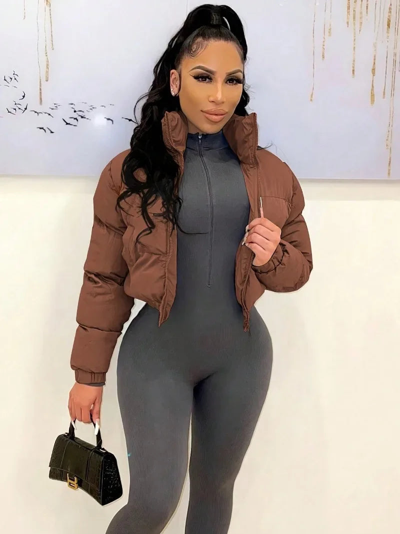 Women Solid Parkas Jackets Stand Collar Long Sleeve Zip-up Thick Warm Quilted Coats Fashion Casual Cotton Padded Outerwear
