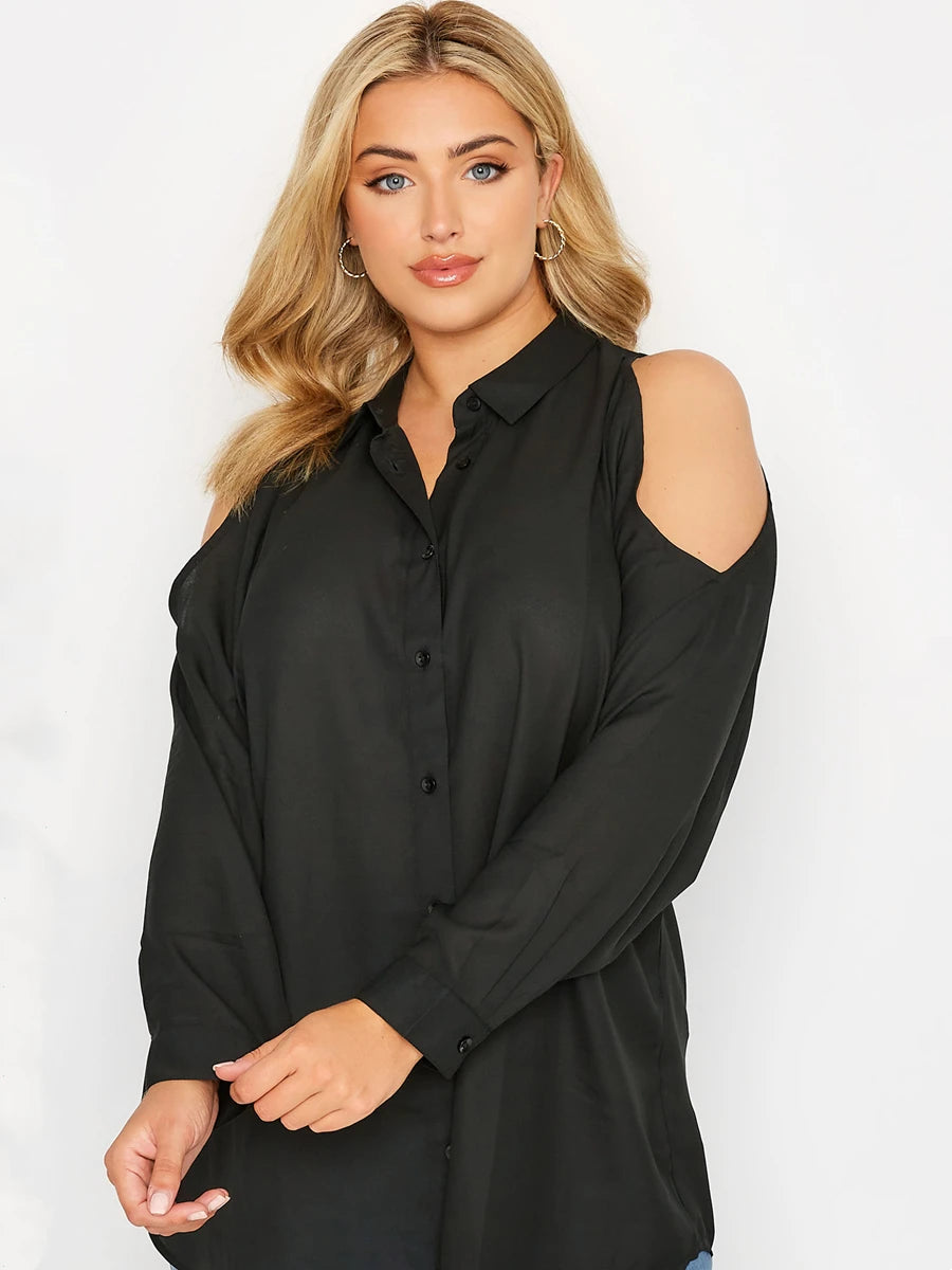 Plus Size Cold Shoulder Drop-Shoulder Long Sleeve Button-Front Office Blouse | Inspired by Beren Saat