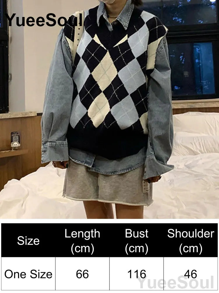 Blue Argyle Women's Vest Plaid Sleeveless Pullover Loose Knitted Sweater Vest 2026 New Autumn Y2K Casual Oversized Waistcoat