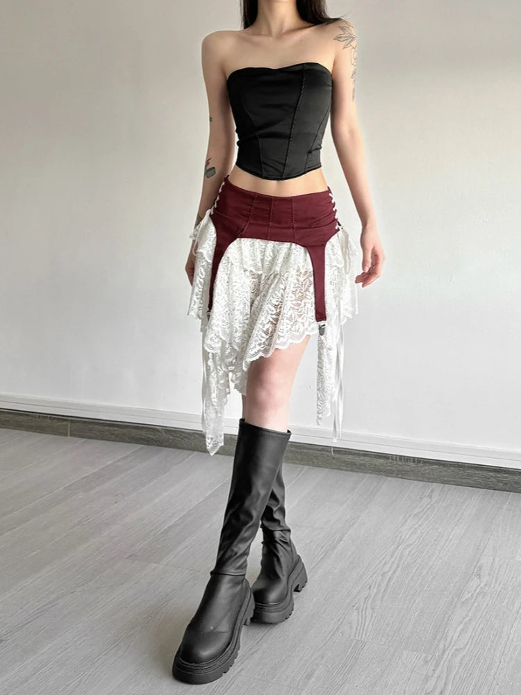 2026 Y2k Aesthetic Irregular Lace Mini Skirts Women High Waist Patchwork See Through Skirt Harajuku A-line Grunge Fairy Faldas