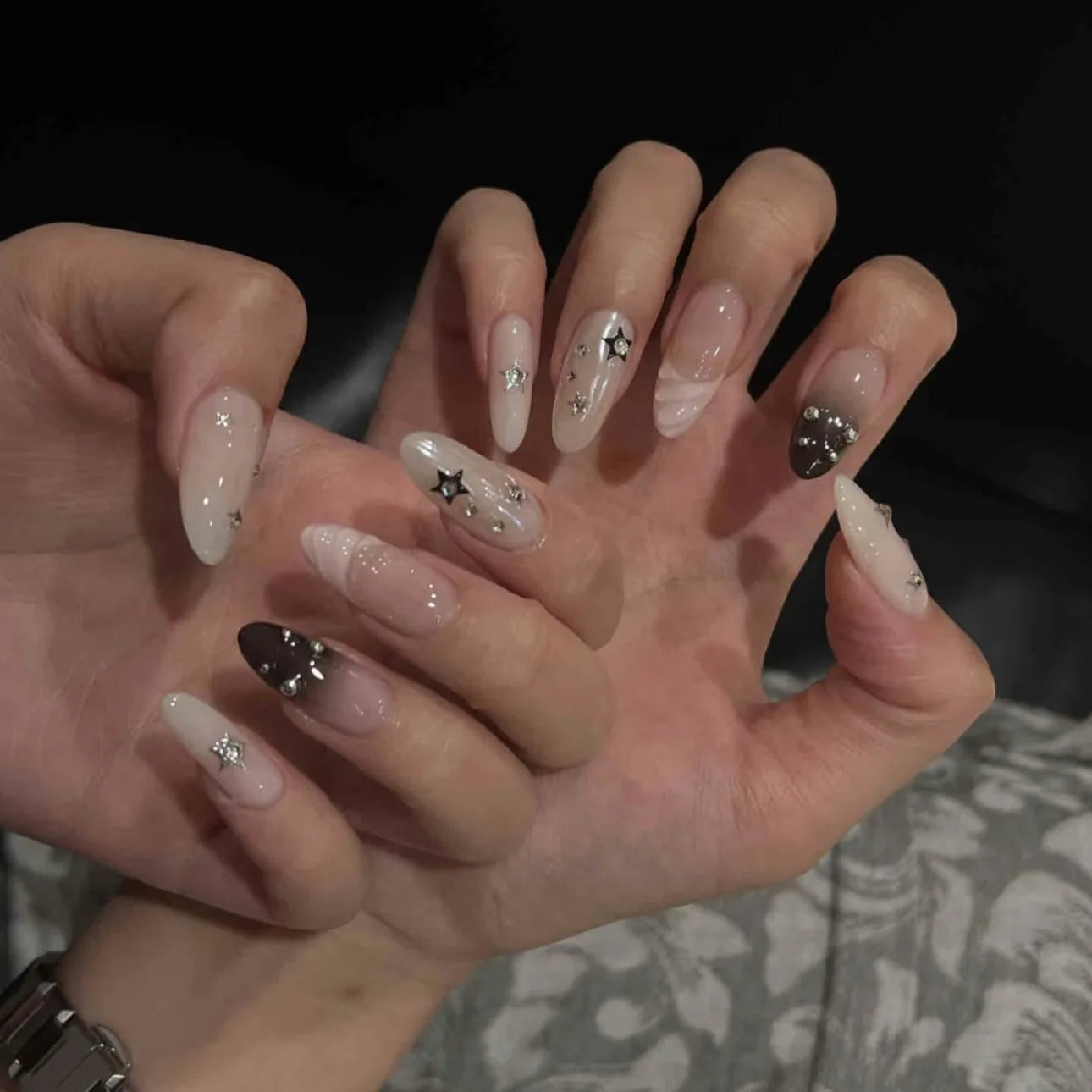 10pcs Handmade Korean Press on Nails Sweet Cool Star Pink White Fake Nail Tips Wearable Summer Night Sky Almond False Nails
