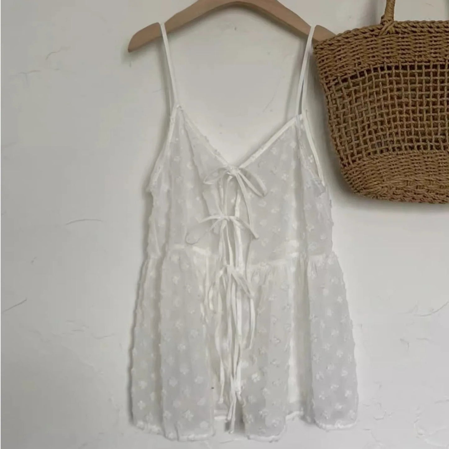 Korean Chic Mesh See Through Layering Camisole Solid V Neck Lace Up Spaghetti Strap Vest Summer Fashion Design Transparent Top