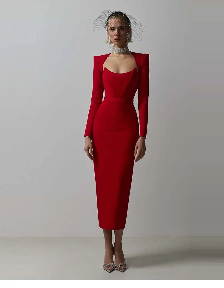 2025 Women Celebrity Sexy Long Sleeve Square Collar Rose Red Maxi Long Mini Bandage Dress Elegant Evening Club Party Outfit