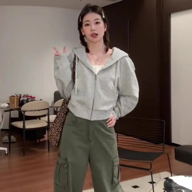 Hooded Korean Fashion Cropped Sweatshirts Autumn Solid Color Hoodie Drawstring Pockets Loose Zipper Hoodies Female Sweatshirt