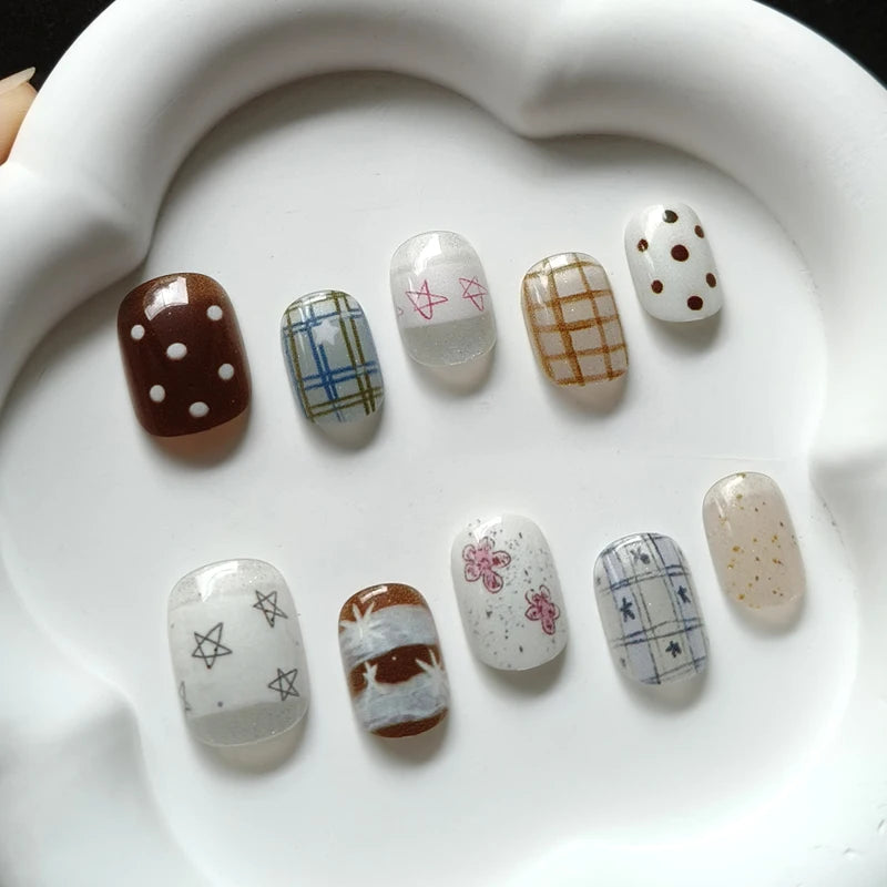 10Pcs Korean Style Candy Color Star and Heart Press On Nails Little Fresh Style Cat-eye Reusable Fake Nail Art Patch Stickers