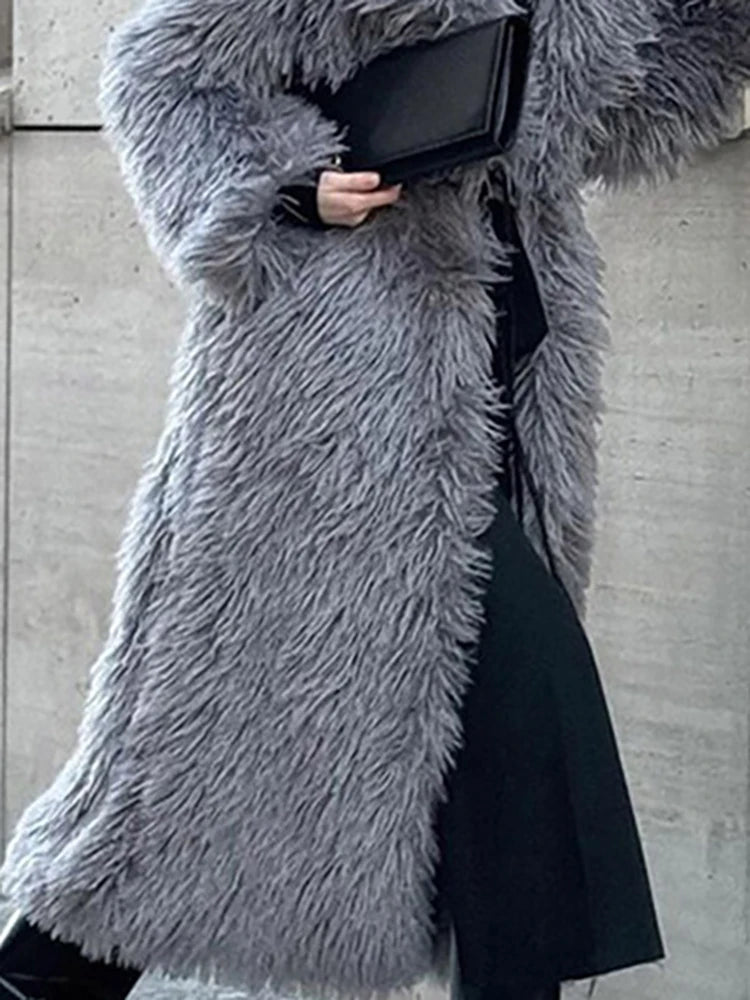 DEAT Fashion Gray Long Imitation Fur Coat Women's Lapel Loose Long Sleeves Plush Thick Overcoat Winter New 7A1438