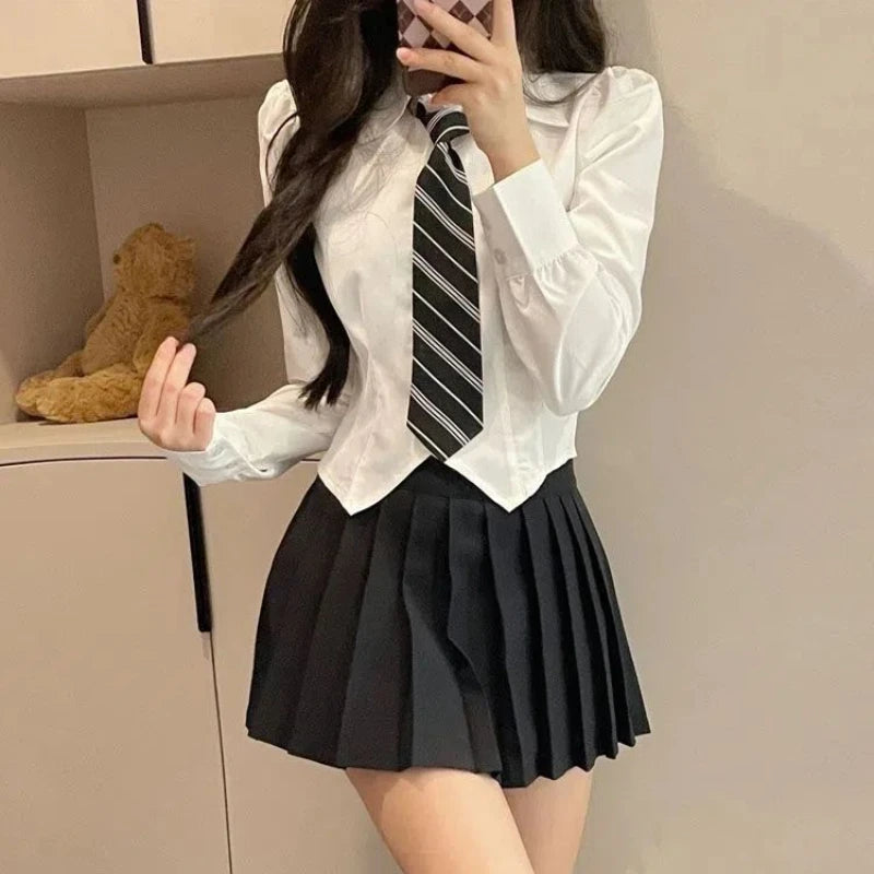 2026 JK Uniform Women Suits Hot Girls New Solid Slim Long-sleeved Blouse + White Skirt Woman