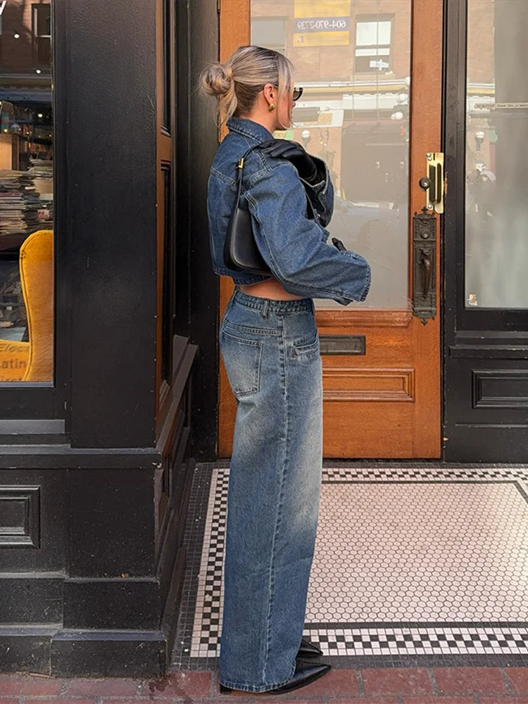 Lapel Woman's Denim Short Jacket Pants 2 Piece Sets Vintage Long Sleeves Denim Short Tops Dragging Baggy Low Rise Jeans Pants