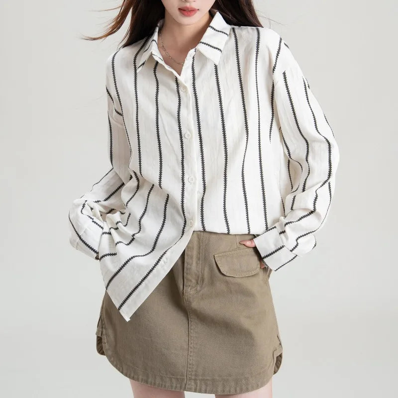 Korean Loose Striped Shirt Women Autumn Casual Blouse Oversized Long Sleeve Turn Down Collar Top French Chic Office Lady Clothes