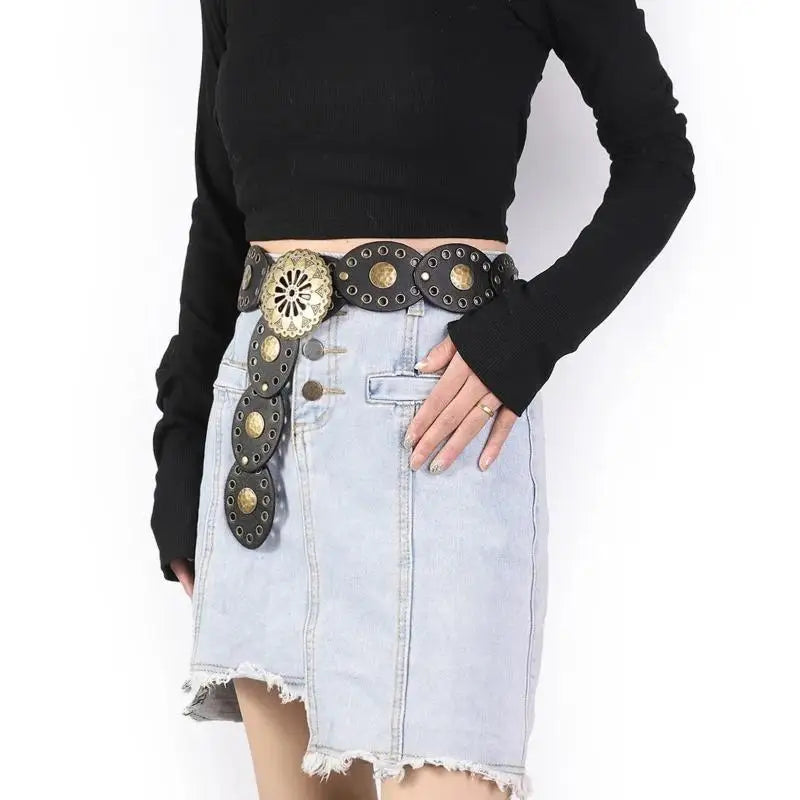 New Ladies Bohemian Western Cowboy Punk Style Belt Fashion Accessory Hollow Out Flower Buckle Oval Splicing Design
