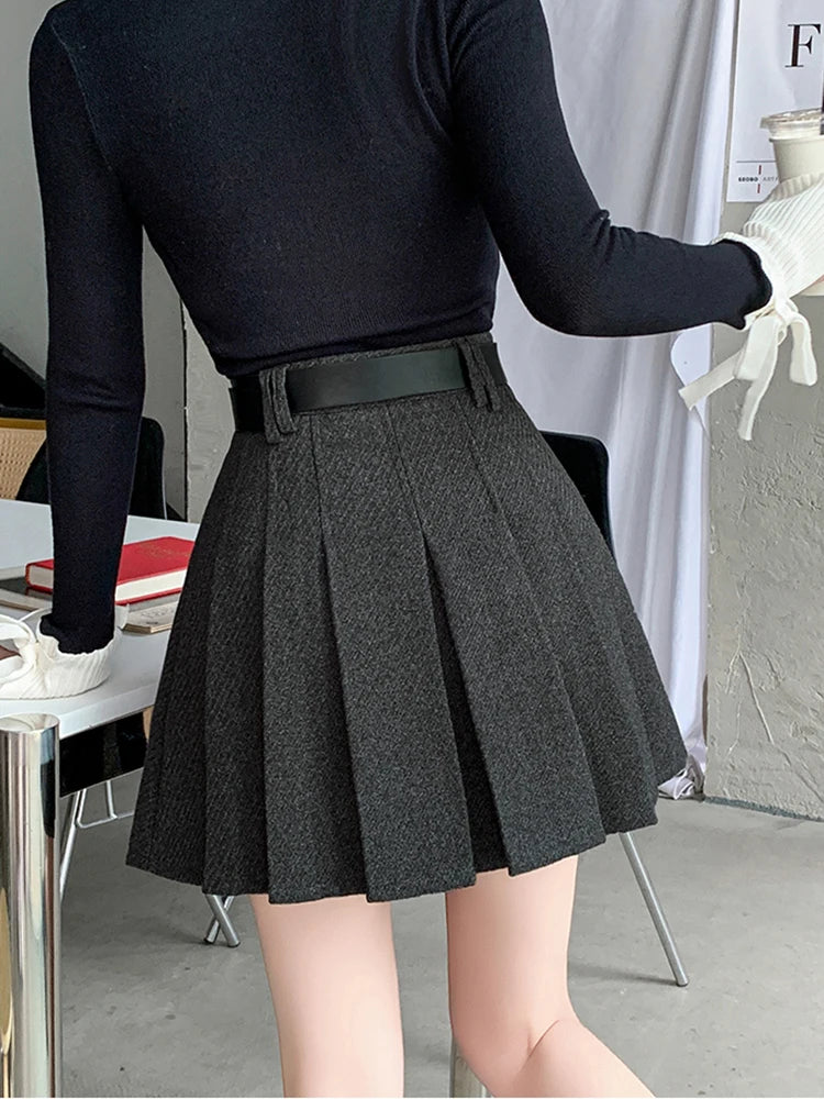 Vintage Winter Pleated Mini Skirt Women Streetwear High Waist Woolen Cute Skater Skirts With Shorts Belt Grey Black Skirt Woman
