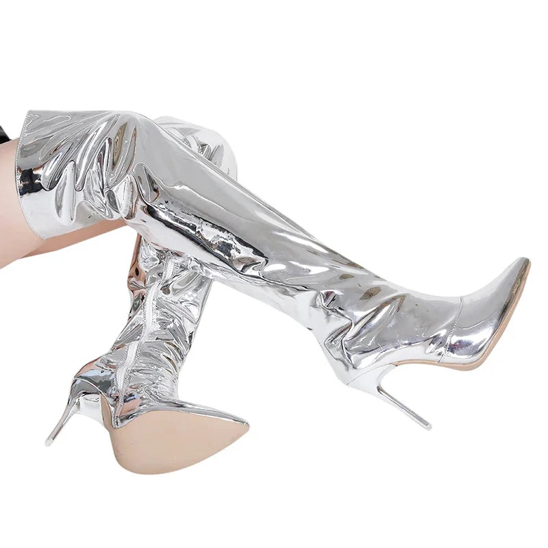 Women Sexy Silver Mirror Thigh High Boots T Show Pointy Toe Club Party Shoes Thin High Heels Over The Knee Long Boots For