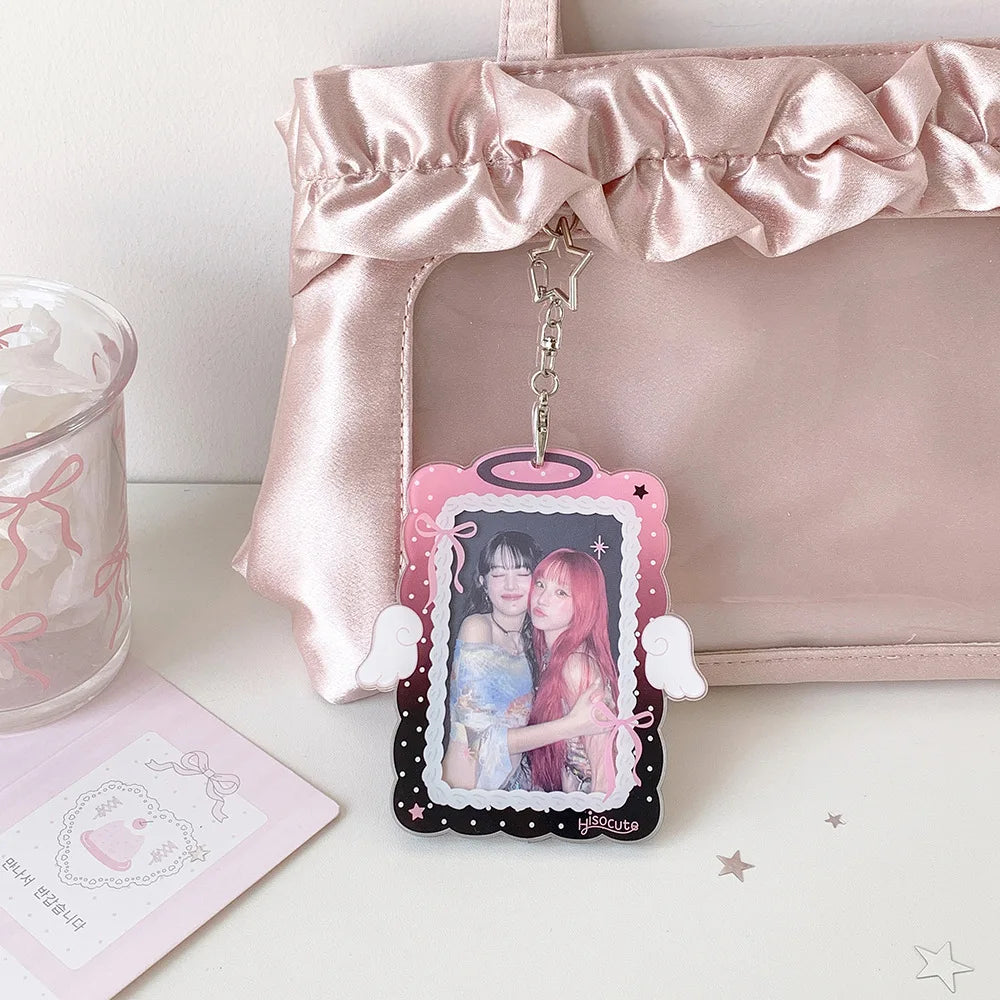 Kawaii 3-inch Photocard Holder with Wing Charm Keychain Kpop Idol Photo Sleeve for Student ID Bag Pendant Cute Card Protector
