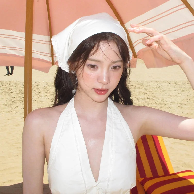 Ouyang Nana's White Lace Headscarf Triangle Fcarf For Women's Summer Seaside French Countryside Style Hair Scarf Headband