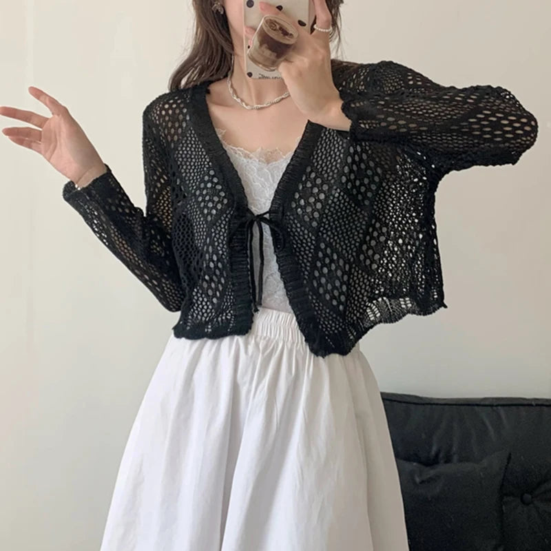 Sheer Pointelle Knit Crop Cardigan with Tie Front Openwork Long Sleeve Short Jacket Top Cover for Women Teen-girl Cute Outfit