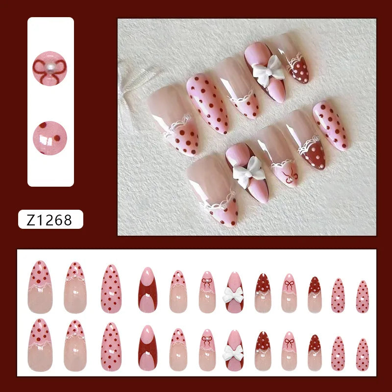 24pcs Sweet Pink Press On Nails Pink Bowknot Design French Almond Fake Nails Glossy Fashion Korean False Nail Patches Manicure