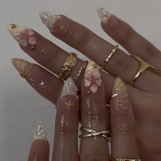 y2K 10PCS Hand Made Press On Nail-Short Almond Glue On Nails-Tropical Flowers Starfish And Golden Pearls Press One As gifts