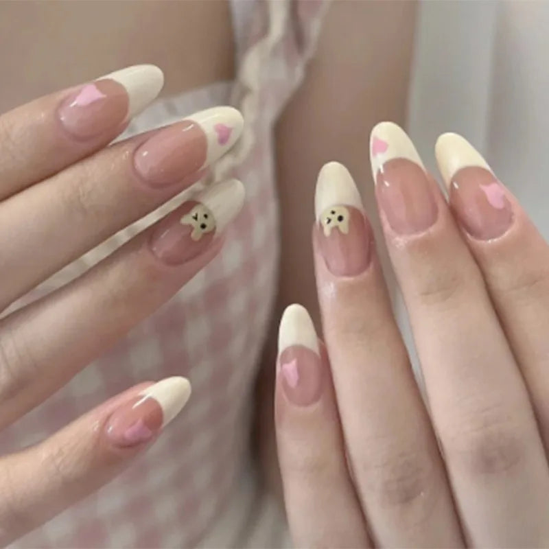 24pcs Cheap Love Wear Nail Almond Medium Press on Nails Cute Removable Beige Long False Nails Summer Korean Removable Nail Art
